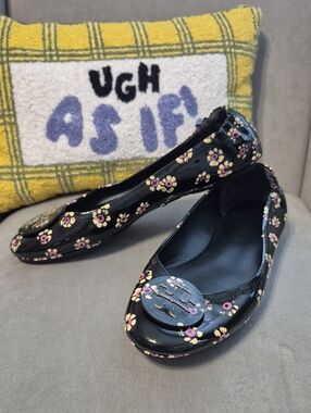 TORY BURCH Black Minnie Travel Ballet Flats - Patent Black And Floral